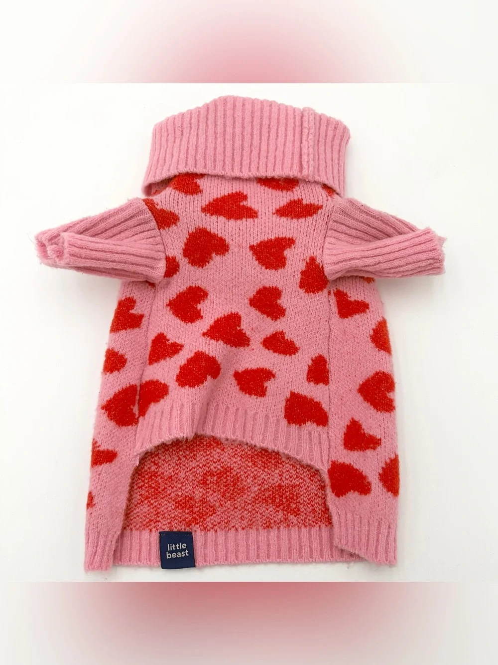 Little Beast The Love Dog Sweater Pink with Red Hearts and Sleeves Size S